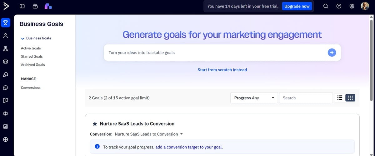 ActiveCampaign dashboard for setting and tracking business goals, such as nurturing SaaS leads to conversion.
